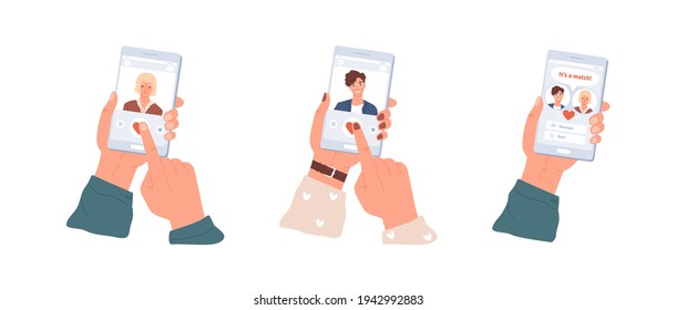 La pareja de amor entre hombre y mujer en la aplicación de citas. Manos de hombres y mujeres con teléfonos móviles con aplicación para la construcción de parejas. Ilustración vectorial plana coloreada aislada en fondo blanco