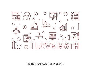 I Love Math concept vector thin line horizontal banner - Mathematics illustration