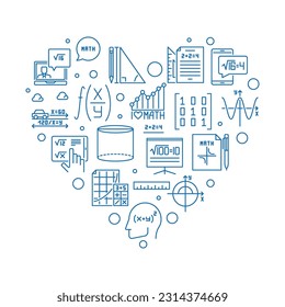I Love Mathematics vector outline heart shaped banner - Math concept linear illustration