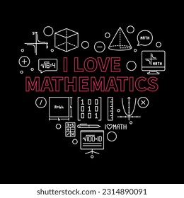 I Love Mathematics vector thin line heart shaped banner - Math concept illustration