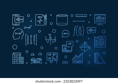 Me encantan las matemáticas vectoriales delgada línea horizontal bandera azul. Ilustración lineal conceptual matemática con fondo oscuro