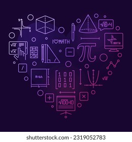 I Love Maths vector outline heart shaped colored banner - Math concept concept linear illustration with dark background