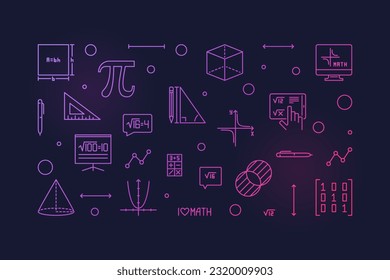 I Love Maths vector outline horizontal colored banner - Math concept concept linear illustration with dark background