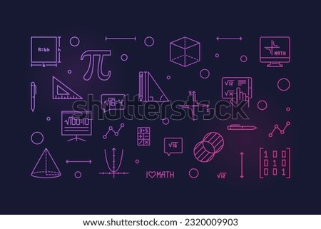I Love Maths vector outline horizontal colored banner - Math concept concept linear illustration with dark background
