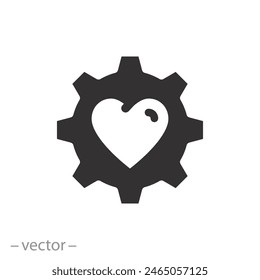 love mechanical technology icon, gear with heart, engineering passion, flat symbol on white background - vector illustration