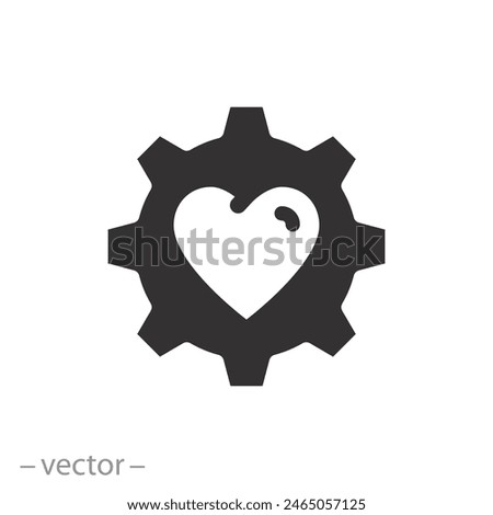 love mechanical technology icon, gear with heart, engineering passion, flat symbol on white background - vector illustration