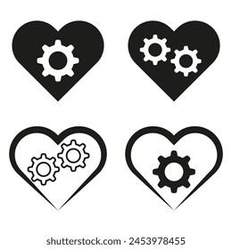 Love mechanics concept. Heart cogwheel integration. Passion engineering symbol. Affection machinery graphic. Vector illustration. EPS 10.
