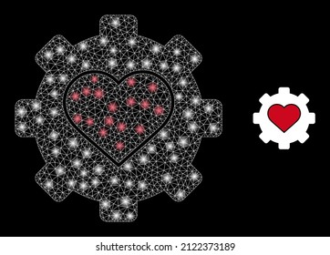 Love mechanics icon and constellation net mesh love mechanics model with flare light spots. Illuminated model is created using love mechanics vector icon and polygonal mesh.