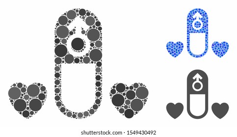 Love medication pill composition of round dots in different sizes and color hues, based on love medication pill icon. Vector dots are combined into blue composition.