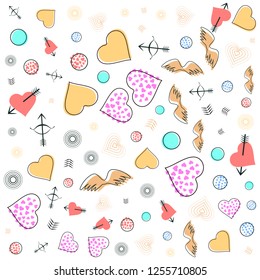 Love memphis pattern with hearts, arrows and angel wings. Cute Valentine's day doodle background. Design elements for valentines greeting card, banners, posters, flyers