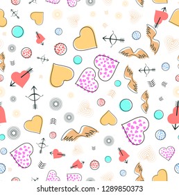 Love memphis seamless pattern with hearts, arrows and angel wings. Cute Valentine's day doodle background. Design elements for valentines greeting card, banners, posters, flyers
