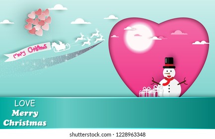 Love Merry Christmas,Santa sleigh Reindeers with snow man in pink heart with copy space for text ,vector illustration eps10.