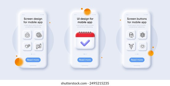 Mensaje de amor, paquete de iconos de línea de Atom y Genders. Maquetas de teléfono 3d con calendario. Pantalla de cristal para smartphone. App de citas, amor, icono del Web del corazón. Pictograma de la marca mundial. Para App de Web, impresión. Vector