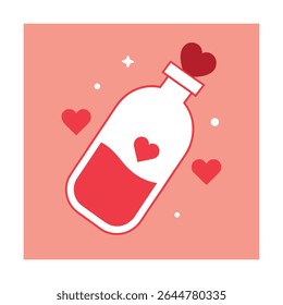 Garrafa de mensagem de amor cercada por corações