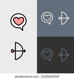 Love message bubble and bow and arrow - clean and modern valentines day icon set.