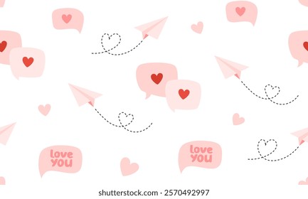 Love message bubble with heart seamless pattern. Online social media notification. Romantic heart dashed trace paper planes flight route. Valentine's day background. Flat Vector illustration 