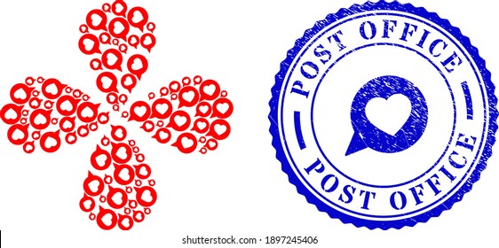 Mensaje de amor, forma de flor centrífuga, y placa de sonido azul circular POST OFFICE con icono dentro. Flor de elemento con 4 pétalos organizados a partir de mensajes de amor orientados.