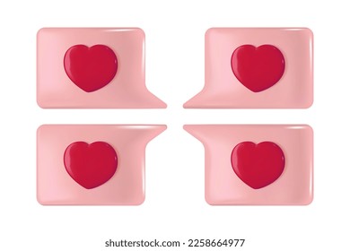 Aviso de chat de mensajes de amor. burbuja de voz 3d con corazón rojo como comentario en medios sociales, como ícono, botón Vector ui elemento.