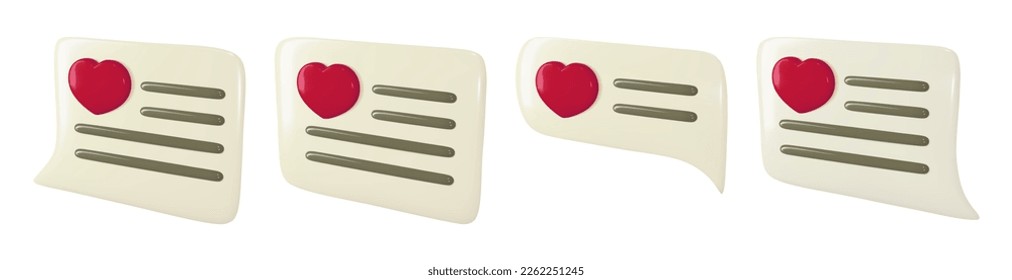 Love message chat notification. 3d speech bubble with red heart as social media comment post, like icon, Vector button ui element.