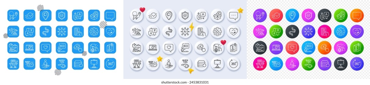 Love message, Checkbox and Timeline line icons. Square, Gradient, Pin 3d buttons. AI, QA and map pin icons. Pack of Recruitment, Translate, Seo laptop icon. Vector