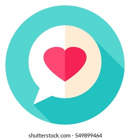 Love Message Circle Icon. Flat Design Vector Illustration with Long Shadow. Happy Valentine Day Symbol.
