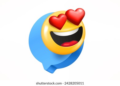 Concepto de mensaje de amor. Burbuja de voz con emoji impresionado sobre fondo blanco. ilustración vectorial 3d
