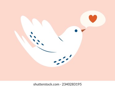 Love message. Cute flying bird with bubble speech and heart. Clipart in pastel shades with singing birdie for card, valentine's, sticker, banner, print, badge. Cartoon romantic character.