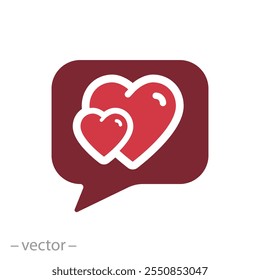 Liebesnachricht Dialog Symbol, Speache Blase mit Herzen, Liebhaber, Konzept der Valentinstag, flaches Web-Symbol, Vektorgrafik