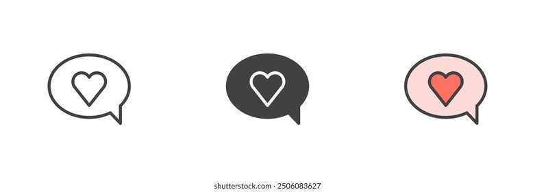 Love message different style icon set. Line, glyph and filled outline colorful version, outline and filled vector sign. Speech bubble with heart Symbol, logo illustration. Vector graphics