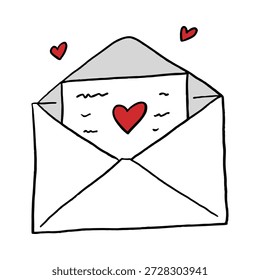 Mensaje de amor doodle dibujado a mano icono. Coqueta carta abierta con corazones para el diseño de Vector de San Valentín.