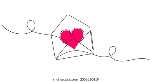 love message envelope with heart shape hand drawn one line drawing continuous valentine concept minimalist art