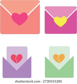 Iconos del sobre del mensaje del amor fijados con el corazón y el corazón roto
