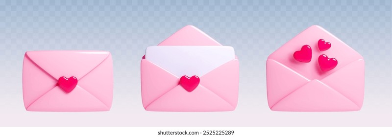 Liebesnachrichten-Umschläge einzeln auf transparentem Hintergrund. Vektor realistische Illustration von niedlichen rosa Buchstaben offen und versiegelt mit Herzform Zeichen, romantische Post, Valentinstag Messenger-Symbol