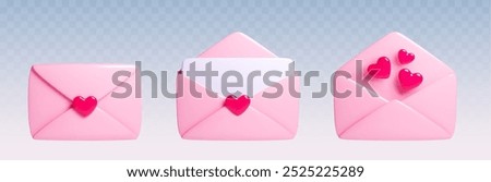 Love message envelopes set isolated on transparent background. Vector realistic illustration of cute pink letters open and sealed with heart shape signs, romantic mail, Valentine Day messenger symbol