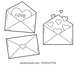 Love message envelopes set. Love and romantic symbol concept. Outline illustration, isolated on white background, design elements