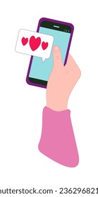 Love message. Hand holding a mobile phone with a red heart image. Valentines day design concept.