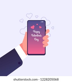 Love message. Hand holding smartphone with happy valentines day congratulation on screen. Valentine day vector card