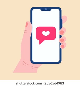 Love message. Hand with phone. Valentines day. Vector illustration