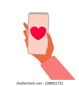 Love message. Hand with smartphone. Sending letter with greeting card for Valentines Day through mobile phone. Vector concept illustration. 