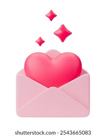 Love message with a heart inside. Symbol of Valentines mail. Vector illustration of getting a love letter, receiving a love email. Open pink envelope isolated on a white background