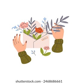 Love message, heart letter. Paper envelope with dry flowers, wildflowers, leaves in woman hands. Postal decoration. Valentine mail with plants. Flat isolated vector illustration on white background