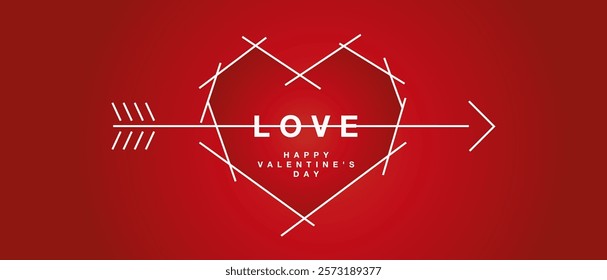 Love message and heart pierced by an arrow. Happy Valentine's Day greeting card on red background