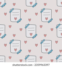 Love message with heart seamless pattern. Hand drawn background with notes taped with washi tape. Cute romantic print for textile, packaging, paper and design, vector illustration flat style