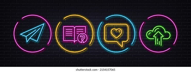 Love message, Help and Paper plane minimal line icons. Neon laser 3d lights. Cloud upload icons. For web, application, printing. Dating service, Documentation, Airplane. File storage. Vector