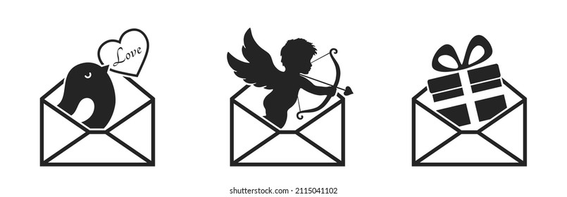 love message icon set. envelope with valentines gift. Valentine's day and romantic symbols. isolated vector images