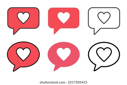 Love message icon set vector buttons sign symbol network reaction like good emotions heart shape strokes