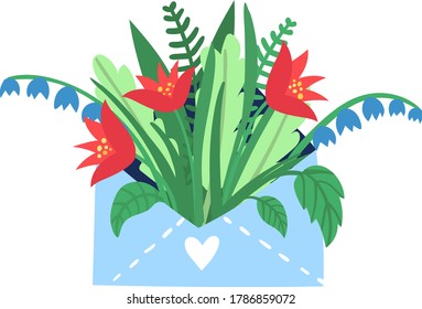 Love message letter red garden flower springtime mood, spring floret isolated on white, flat vector illustration. Design lovely epistle with woodland peduncle, inflorescence blossom plant.