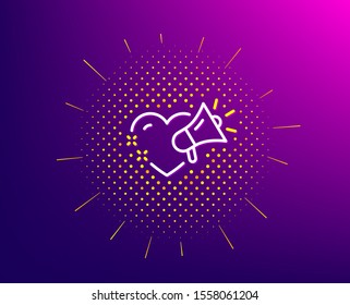 Love message line icon. Halftone pattern. Heart and megaphone sign. Valentine day symbol. Gradient background. Love message line icon. Yellow halftone pattern. Vector