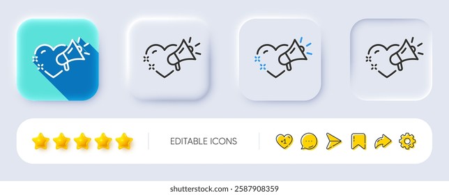 Love message line icon. Neumorphic, Flat shadow, 3d buttons. Heart and megaphone sign. Valentine day symbol. Line love message icon. Social media icons. Vector