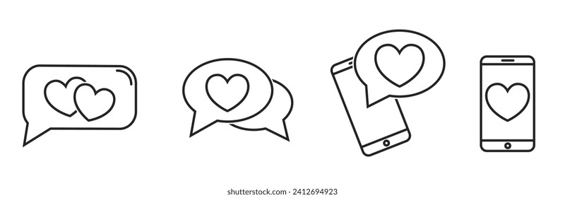 conjunto de iconos de la línea de mensajes de amor. charla con el corazón. Me encantan los símbolos de conversación telefónica. elementos vectoriales para diseño de valentinas